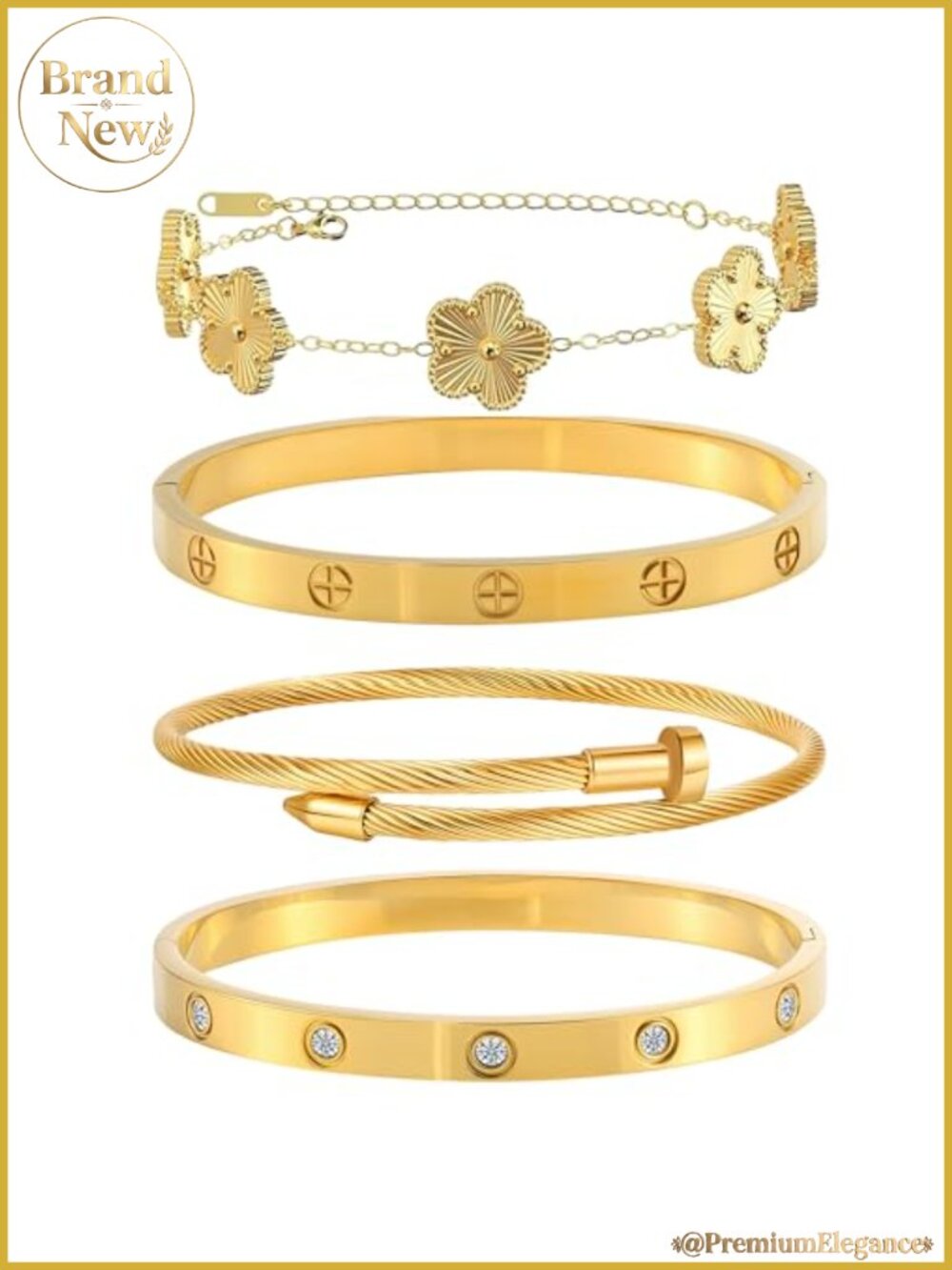 4 PCS 18K Gold Plated Stackable Bangle Bracelets Set Stainless Steel Layered